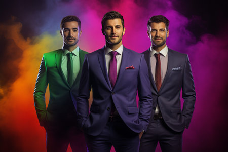 Three business people in colorful suit standing with each other. Joyful and optimistic.の素材