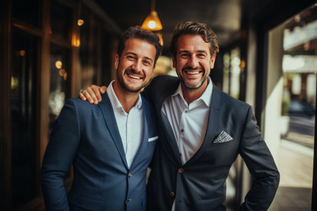 Two business people standing with each other in an office in business suit. Joyful and optimistic.の素材