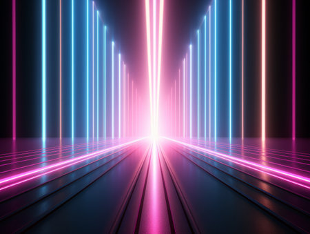Glowing tunnel with colored light streaks. Modern futuristic background.の素材