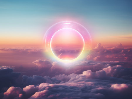 Rainbow over the clouds, digital neon, realistic landscapes, circular shapes.の素材