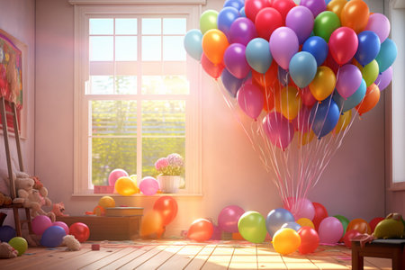 Birthday celebration. Cozy room with colorful balloons. Warm light, soft shadows on the walls.の素材