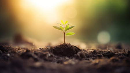 Small plant growing on the ground. Concept growth, green world and earth day. Photo-realistic landscape, sun shine, organic material.の素材