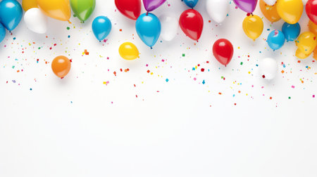 Colorful balloons on white background with confetti.の素材