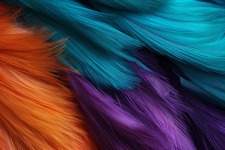 Blue, purple and orange feathers backdrop. Luxurious fibers, dark orange and light cyan background, color realistic photography.の素材