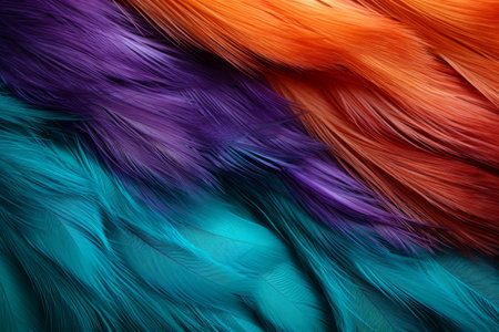 Blue, purple and orange feathers backdrop. Luxurious fibers, dark orange and light cyan background, color realistic photography.の素材
