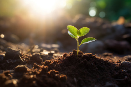 Small plant growing on the ground. Concept growth, green world and earth day. Photo-realistic landscape, sun shine, organic material.の素材