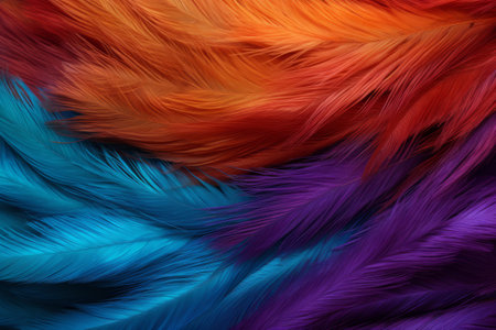 Blue, purple and orange feathers backdrop. Luxurious fibers, dark orange and light cyan background, color realistic photography.の素材
