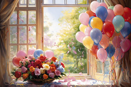 Birthday celebration. Cozy room with colorful balloons. Warm light, soft shadows on the walls.の素材