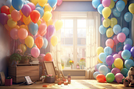 Cozy room with colorful balloons. Fun birthday party background. Warm light, soft shadows on the walls.の素材