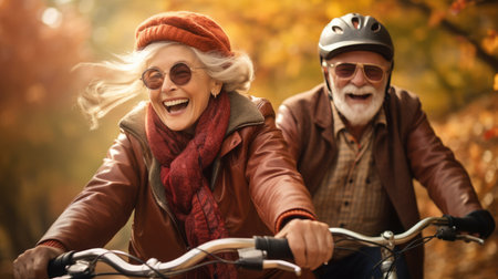 Couple of older bike riders smile. Dynamic outdoor shots. Joyful nature photo.の素材