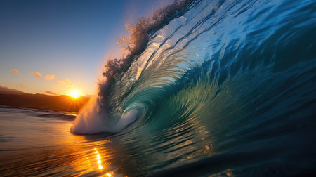 Big wave at sunset. Great sea wave. Light bronze and dark blue colors.の素材