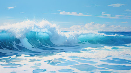 Foamy waves rolling up in the ocean. Dynamic motion sea water. Blue background.の素材