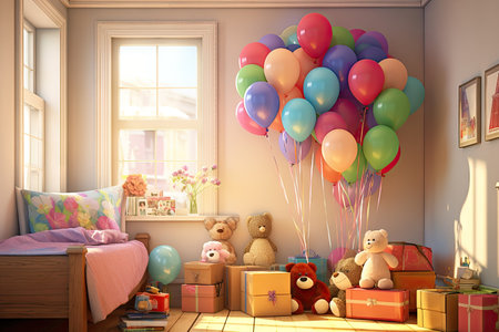 Birthday celebration. Cozy room with colorful balloons. Warm light, soft shadows on the walls.の素材
