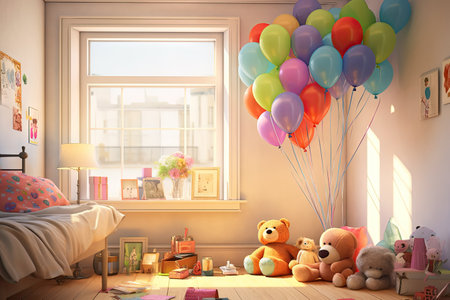 Birthday celebration. Cozy room with colorful balloons. Warm light, soft shadows on the walls.の素材