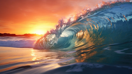 Big wave at sunset. Great sea wave. Light bronze and dark blue colors.の素材