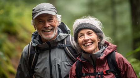 A modern elderly couple is walking in the forest. Smiling people. Joyful dynamic photo.の素材
