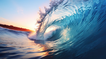 Big wave at sunset. Great sea wave. Light bronze and dark blue colors.の素材
