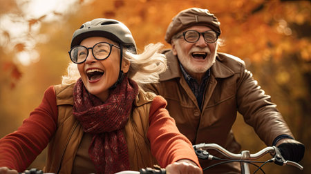 Couple of older bike riders smile. Dynamic outdoor shots. Joyful nature photo.の素材