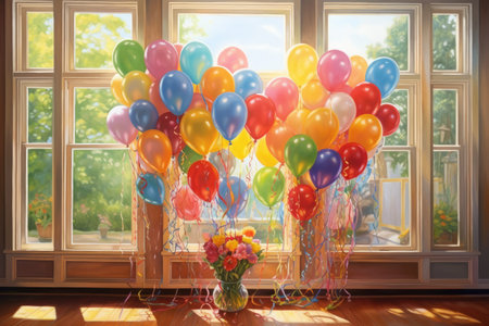 Fun birthday party background. Cozy room with colorful balloons. Warm light, soft shadows on the walls.の素材