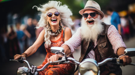 Modern senior couple riding a bikes in the town. Smiling people. Joyful dynamic photo.の素材