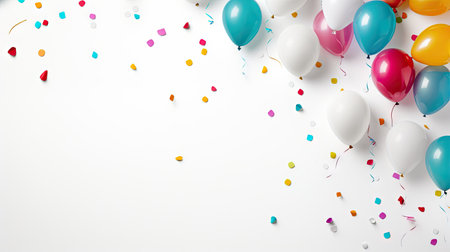 Colorful balloons on white background with confetti.の素材