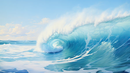 Foamy waves rolling up in the ocean. Dynamic motion sea water. Blue background.の素材
