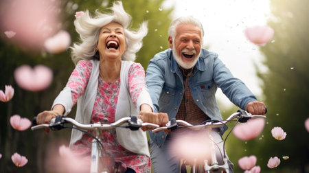 Couple of older bike riders smile. Dynamic outdoor shots. Joyful nature photo.の素材
