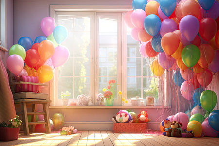Fun birthday party background. Cozy room with colorful balloons. Warm light, soft shadows on the walls.の素材