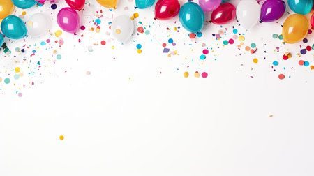 Colorful balloons on white background with confetti.の素材