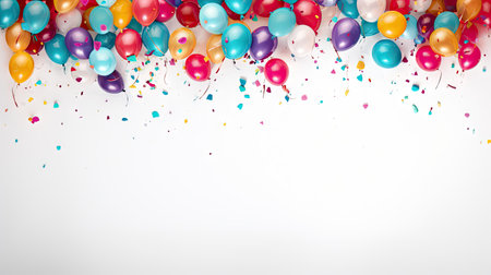 Colorful balloons on white background with confetti.の素材