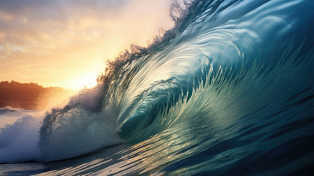 Big wave at sunset. Great sea wave. Light bronze and dark blue colors.の素材