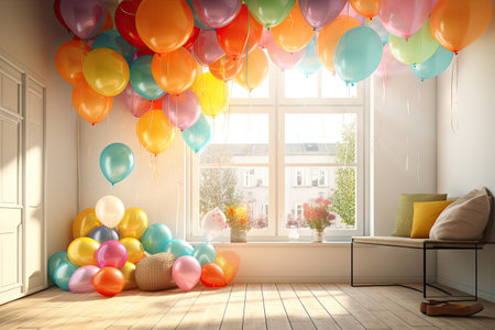 Birthday celebration. Cozy room with colorful balloons. Warm light, soft shadows on the walls.の素材
