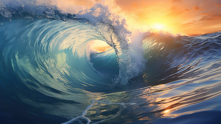 Big wave at sunset. Great sea wave. Light bronze and dark blue colors.の素材