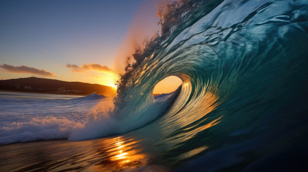 Big wave at sunset. Great sea wave. Light bronze and dark blue colors.の素材
