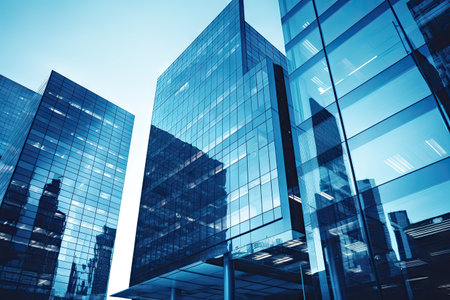 Office building in the city. Cityscape, contemporary glass, indigo and cyan colors.の素材