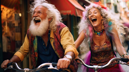 Modern senior couple riding a bikes in the town. Smiling people. Joyful dynamic photo.の素材