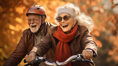 Couple of older bike riders smile. Dynamic outdoor shots. Joyful nature photo.の素材
