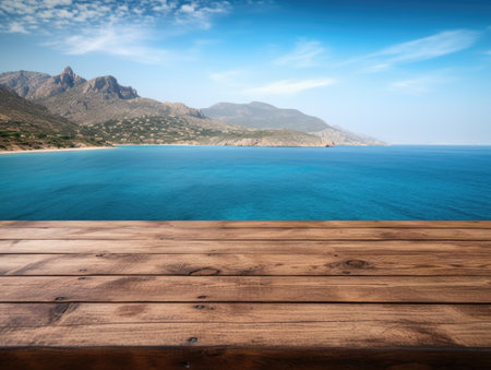 Wooden table on the backdrop of a blue sea, white sand beach, clear blue sky. Space for product or object presentation.の素材