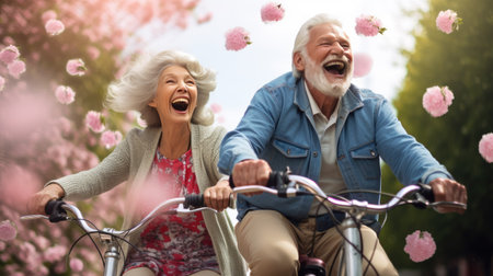 Couple of older bike riders smile. Dynamic outdoor shots. Joyful nature photo.の素材