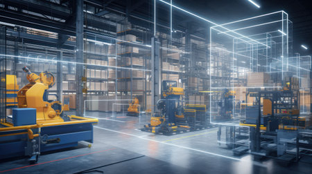Modern technology background. Futuristic warehouse. Office space. Wires and rows of boxes.の素材