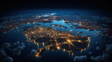 Space background. Panoramic view of Earth from space. Glowing globe from orbit. Cosmic backdrop.の素材