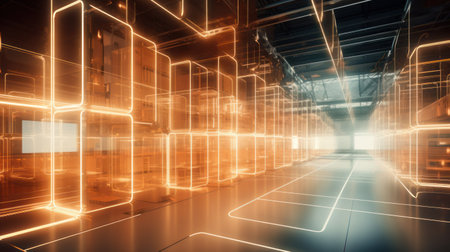 Futuristic warehouse. Wires and rows of boxes. Light orange, bronze colors. Office space. Modern technology background.の素材