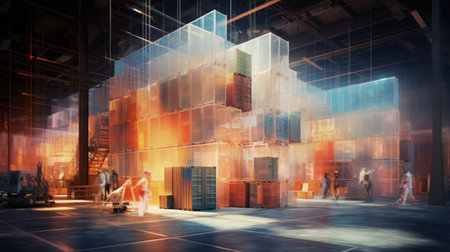 Futuristic warehouse. Wires and rows of boxes. Light orange, bronze colors. Office space. Modern technology background.の素材