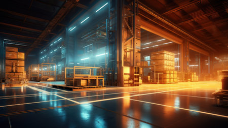 Futuristic warehouse. Wires and rows of boxes. Light orange, bronze, blue colors. Office space. Modern technology background.の素材