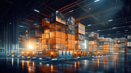 Futuristic warehouse. Wires and rows of boxes. Light orange, bronze, blue colors. Office space. Modern technology background.の素材