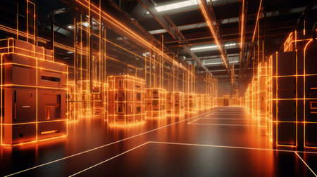 Futuristic warehouse. Wires and rows of boxes. Light orange, bronze colors. Office space. Modern technology background.の素材