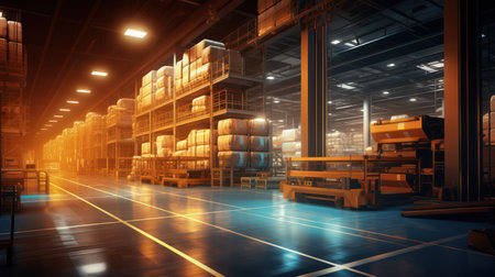 Futuristic warehouse. Wires and rows of boxes. Light orange, bronze, blue colors. Office space. Modern technology background.の素材