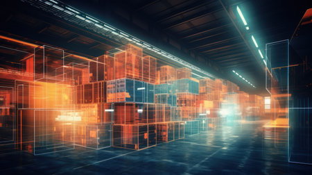 Futuristic warehouse. Wires and rows of boxes. Light orange, bronze, blue colors. Office space. Modern technology background.の素材