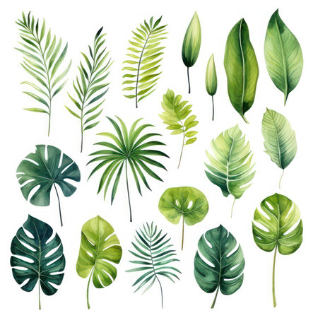 Watercolor set of exotic plants. Palm leaves and monstera leaves isolated on white background.の素材