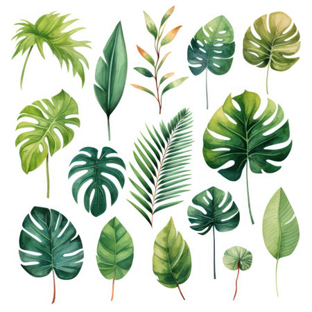 Watercolor set of exotic plants. Palm leaves and monstera leaves isolated on white background.の素材